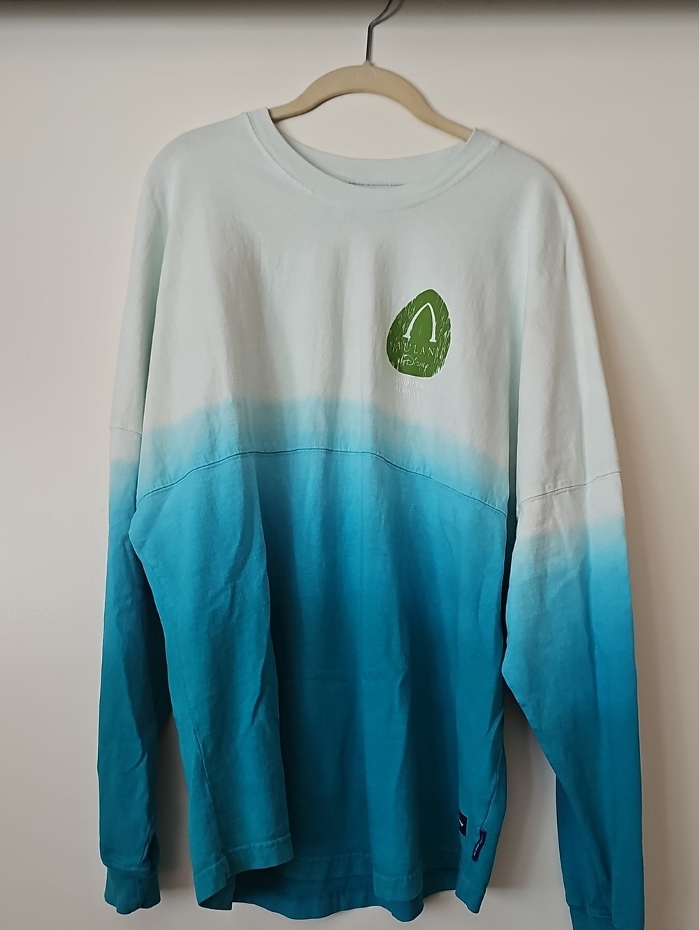 Disney Aulani Dip-Dye Blue Ombre Long Sleeve Tee with Green Logo